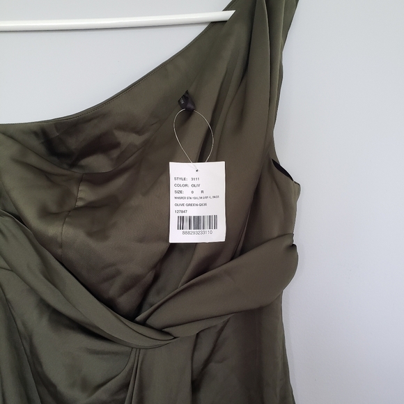 Dessy Collection 3111 One Shoulder Satin Olive Green Gown Formal Dress Sz 0 - Picture 3 of 4